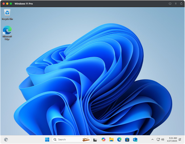 A Windows 11 computer desktop displaying a blue abstract shape as the wallpaper, with a taskbar at the bottom containing various icons.