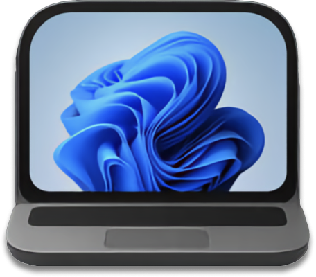 A laptop with a curved screen displaying a blue abstract design on a light blue background.