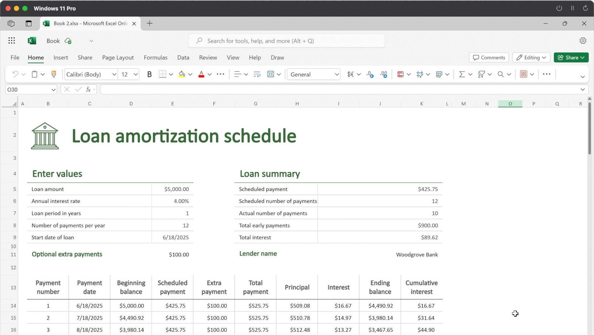 A spreadsheet titled "Loan amortization schedule" with sections for loan details and loan summary, displaying tables with numerical data.