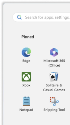 A computer screen showing a menu with a search bar and pinned applications, including Edge, Microsoft 365, Xbox, Solitaire & Casual Games, Notepad, and Snipping Tool.