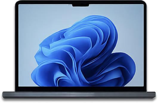 A laptop with a blue abstract swirl design on the screen.