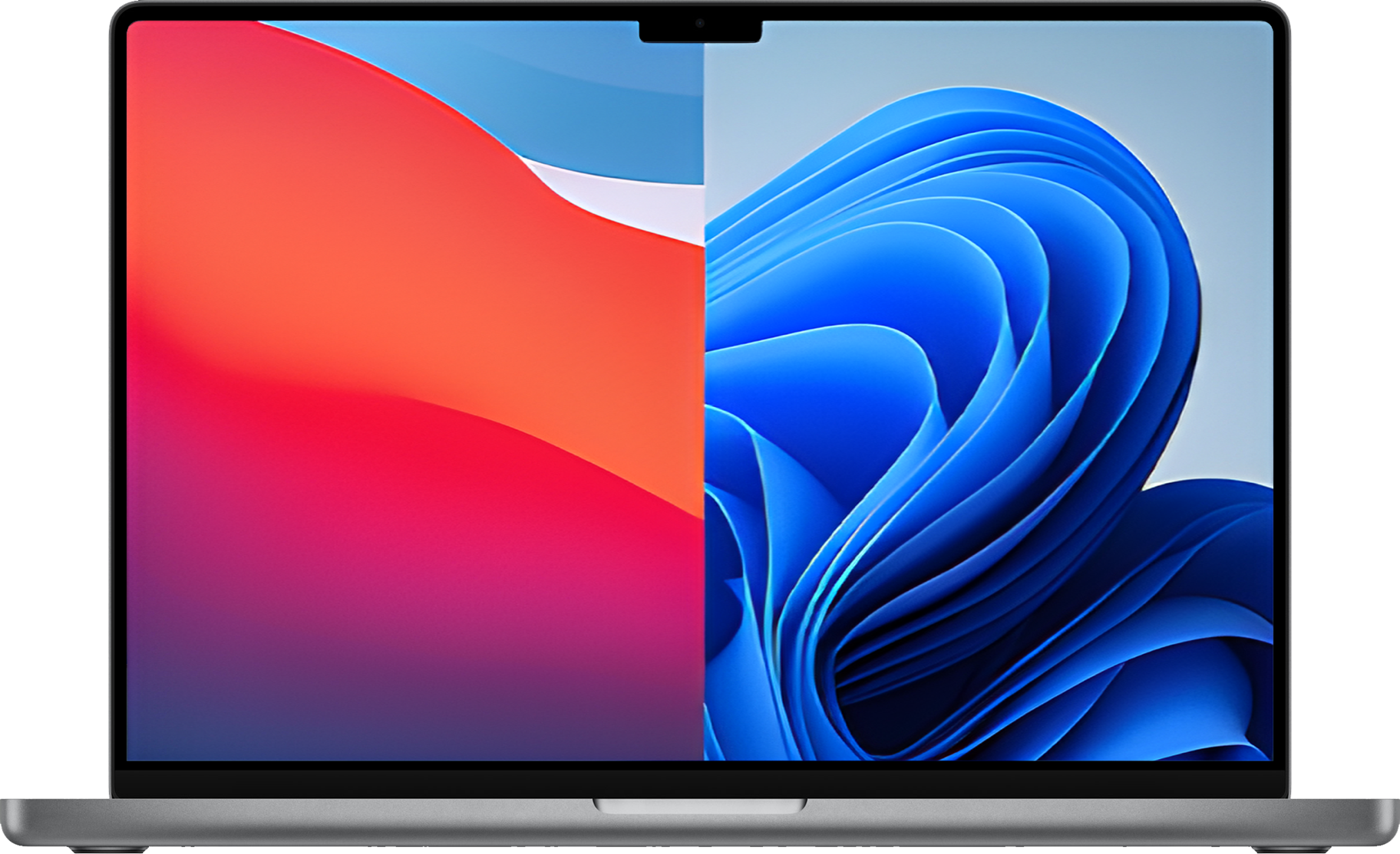 A laptop displaying a split screen with a red and orange gradient on the left and a blue abstract swirl on the right.