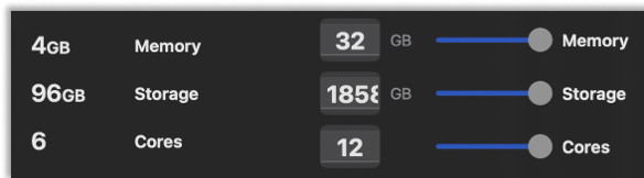 A user interface with three adjustable sliders labeled "Memory," "Storage," and "Cores." The Memory slider is set to 32 GB, the Storage slider to 1855 GB, and the Cores slider to 12.